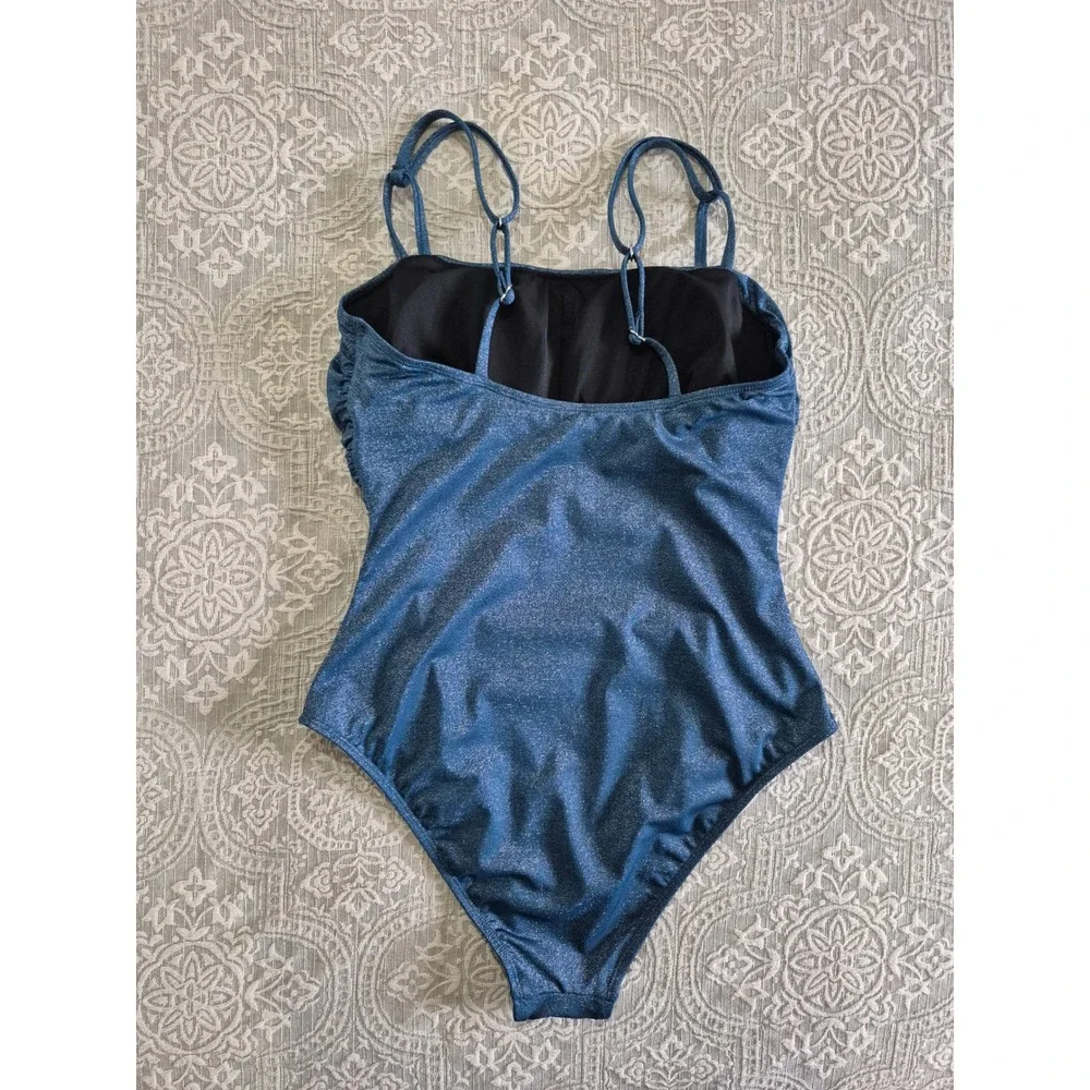 Cupshe Blue‎ Glitter Ruched One Piece Swimsuit Shimmer Square Neck Large